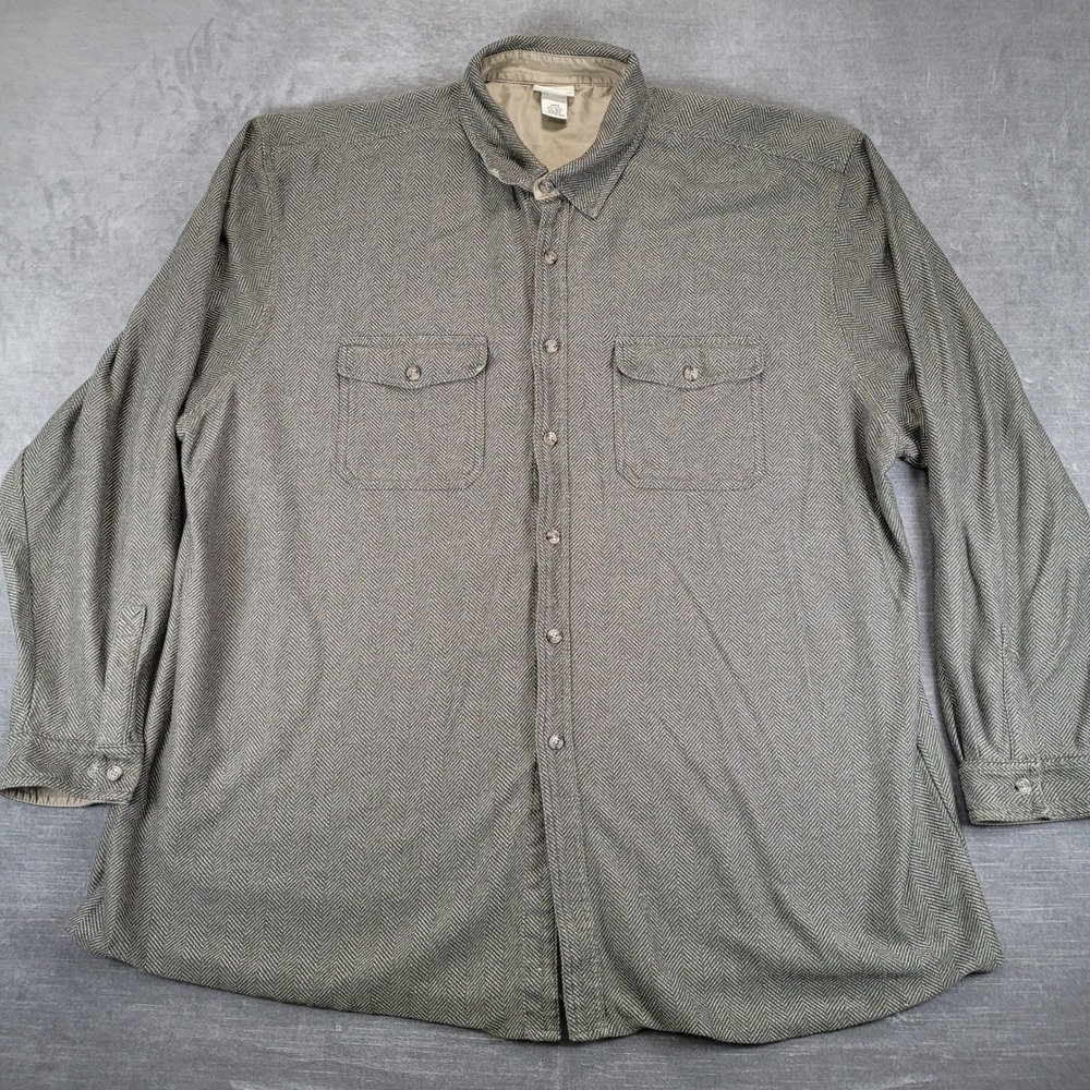 LL Bean Y2K Button Down Shirt Mens XXL Green Herringbone Cotton Long Sleeve